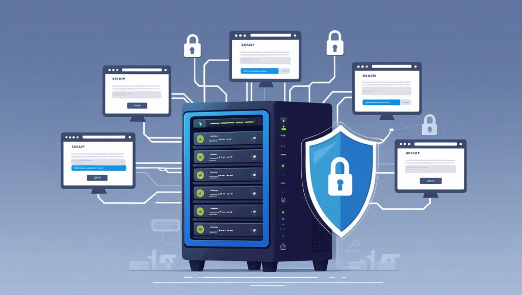 Illustration of a single server managing multiple websites using virtual hosts with SSL encryption, ensuring secure HTTPS connections and improved SEO rankings.