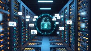4-Step Virtual Host Setup with SSL protection, featuring a secure server, HTTPS lock symbol, and a warning sign to avoid costly SSL mistakes.