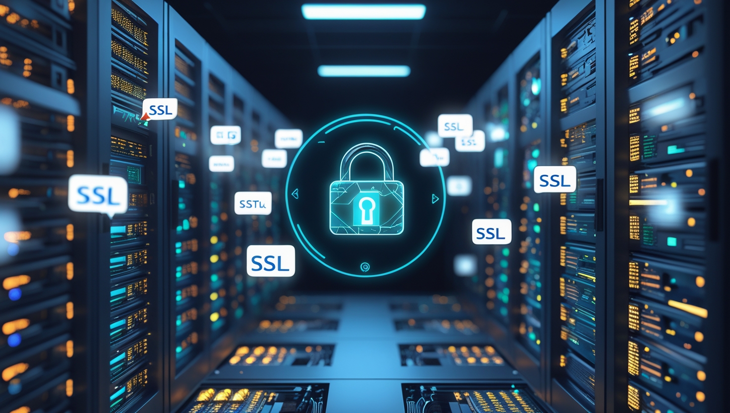 4-Step Virtual Host Setup with SSL protection, featuring a secure server, HTTPS lock symbol, and a warning sign to avoid costly SSL mistakes.
