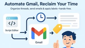 Infographic showing Gmail automation using Google Apps Script with labeled steps like sending emails, organizing threads, and applying labels.