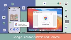 Illustration showing Google Lens used on Android smartphone and Chrome browser to scan text, translate, and search images