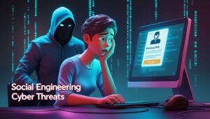 A confident office worker sits at their desk, smiling while using cybersecurity tools on their computer. The screen displays security icons like a shield and lock, symbolizing protection from social engineering threats. The office background is bright and modern. The text "Social Engineering Cyber Threats" appears at the bottom left.