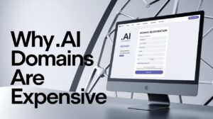 Computer screen showing .ai domain registration with text "Why .ai Domains Are Expensive" — representing the value and demand for AI-related domain names.