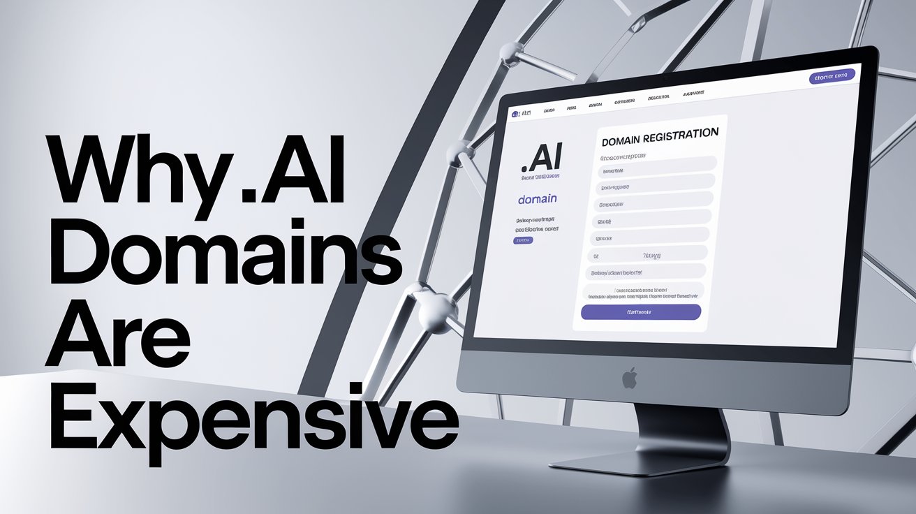 Computer screen showing .ai domain registration with text "Why .ai Domains Are Expensive" — representing the value and demand for AI-related domain names.