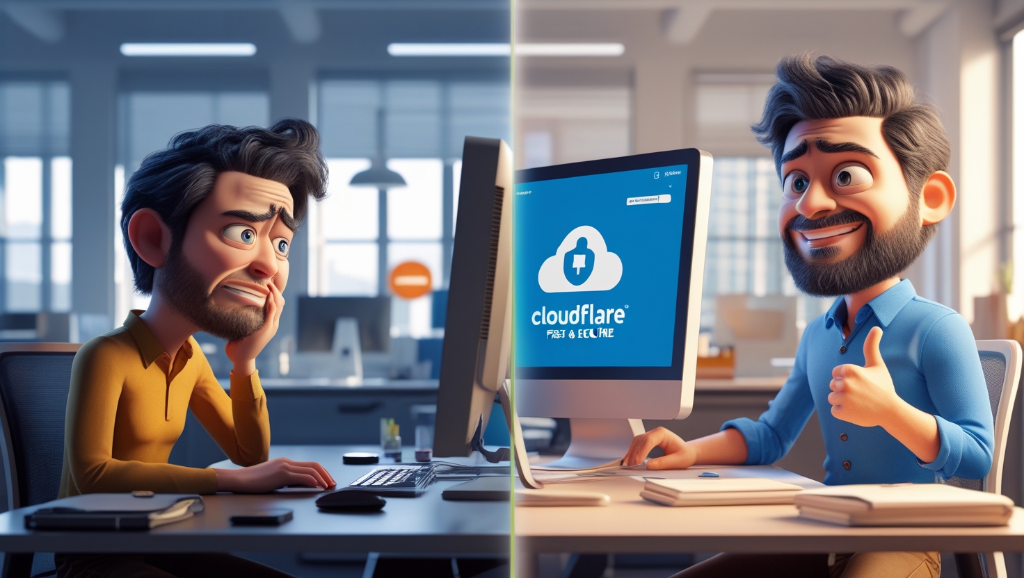 Cloudflare for fast and secure websites – a comparison of slow and fast website performance, showing a frustrated user on the left and a happy user on the right after using Cloudflare.