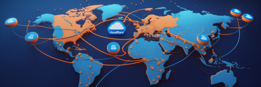 Cloudflare global network map ensuring fast and secure websites with optimized content delivery and cybersecurity protection.
