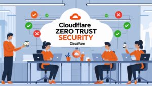 Illustration showing user verification through Cloudflare Zero Trust Security in an office environment, with green checkmarks and one red cross (X) access denied symbol