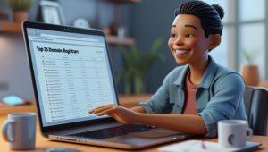 User happily searching for top 25 domain registrars on a laptop screen