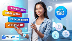 Cheerful woman using TinyWow online tool with features like PDF conversion, image editing, file compression, video tools, and document processing.