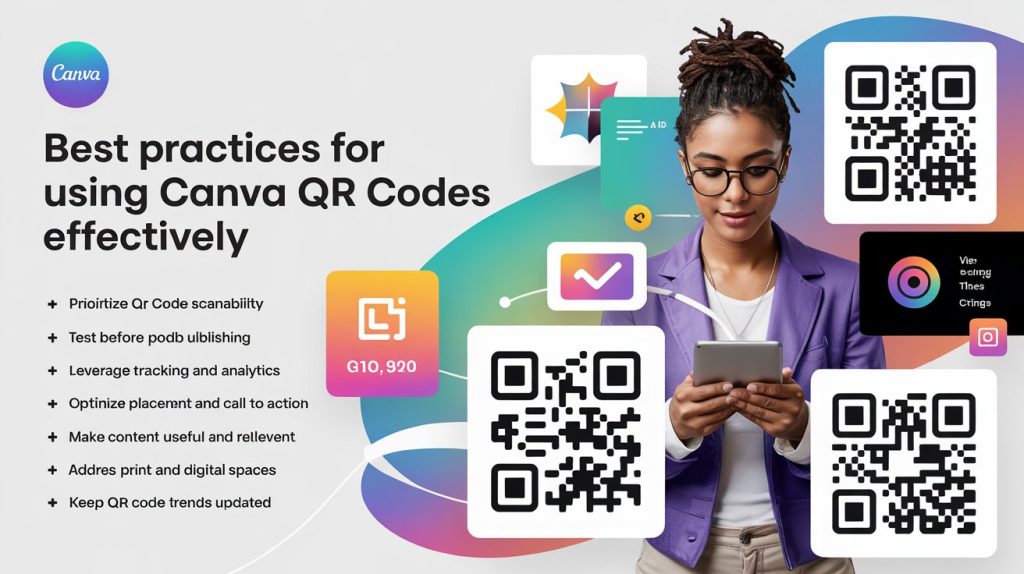 Best practices for using Canva QR Code Generator effectively, focusing on scannability, testing, tracking, placement, relevance, print, and trend optimization.