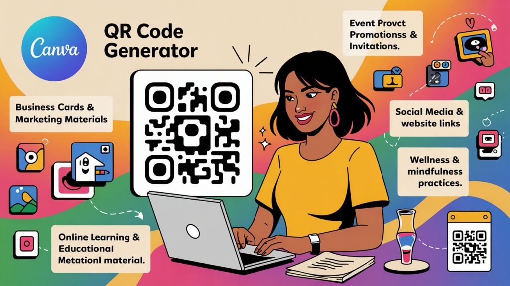 Creative infographic showing a woman designing QR codes on Canva with floating icons representing marketing, events, social media, packaging, mindfulness, education, and AI-enhanced designs.