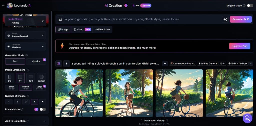 Anime-style image of a young girl riding a bicycle through a sunlit countryside, created with a Ghibli AI generator.