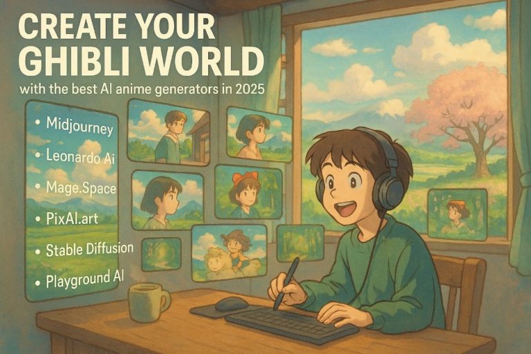 Excited user exploring Ghibli AI Generator platforms with anime-style background inspired by Studio Ghibli