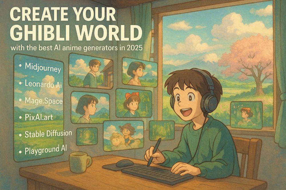 Excited user exploring Ghibli AI Generator platforms with anime-style background inspired by Studio Ghibli
