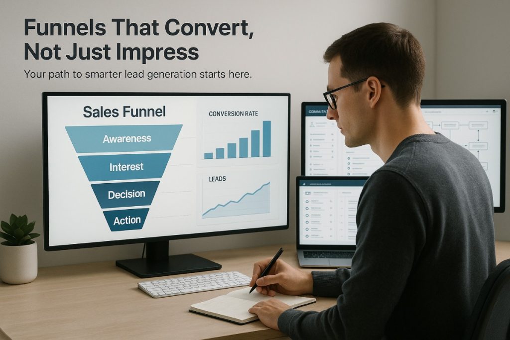 Sales funnel expert reviewing conversion metrics and funnel strategy dashboard with CRM tools.