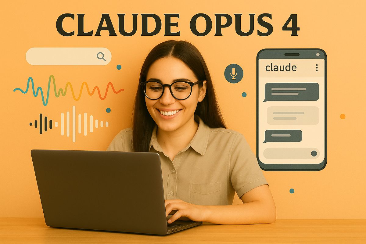 Woman using laptop with Claude Opus 4 AI assistant graphics in background