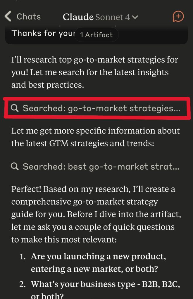 Claude Sonnet 4 in-chat interface displaying live web search for go-to-market strategies