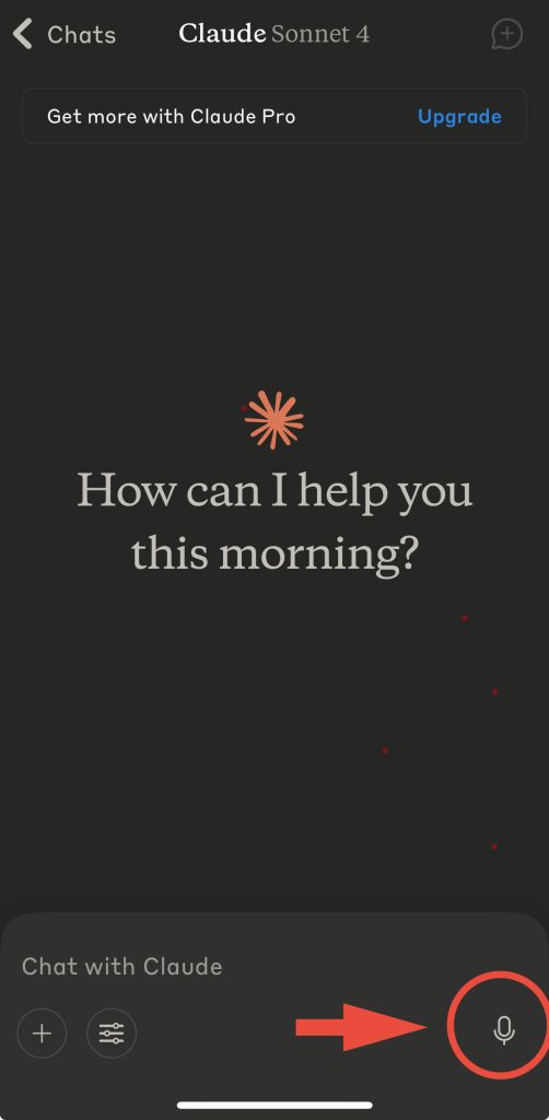 Claude Sonnet 4 interface on mobile showing voice input button for starting voice conversations