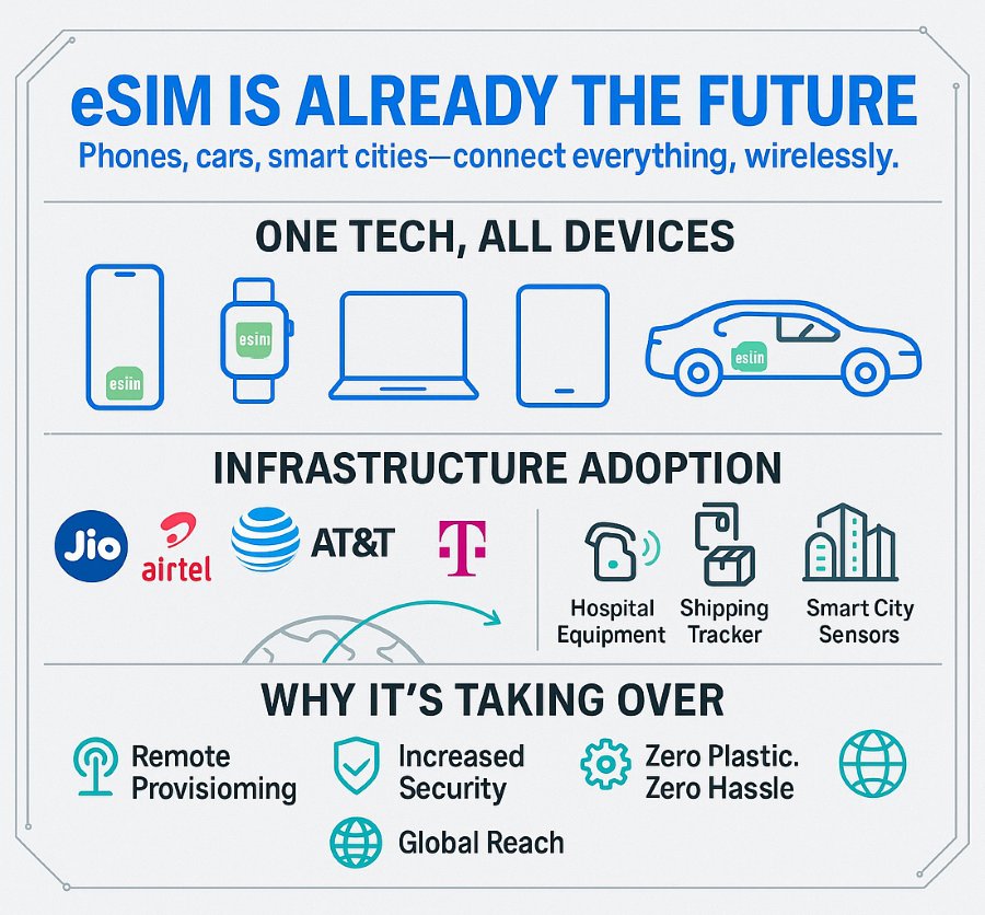 Illustration showing how eSIM is powering future connectivity across phones, smartwatches, laptops, cars, and smart cities.
