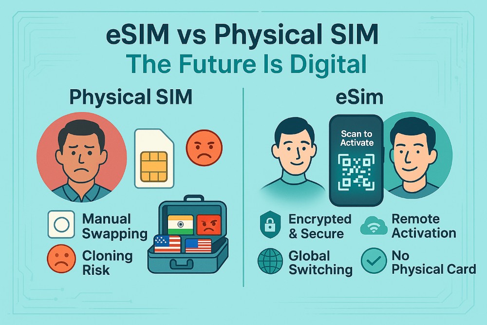 Side-by-side infographic comparing eSIM and physical SIM with visuals and icons highlighting key differences in setup, security, and travel convenience.