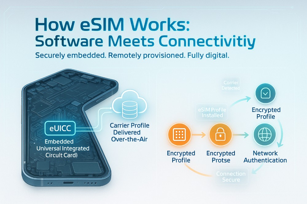 Infographic explaining how eSIM works, showing embedded chip architecture and remote activation through QR code and encrypted cloud provisioning.