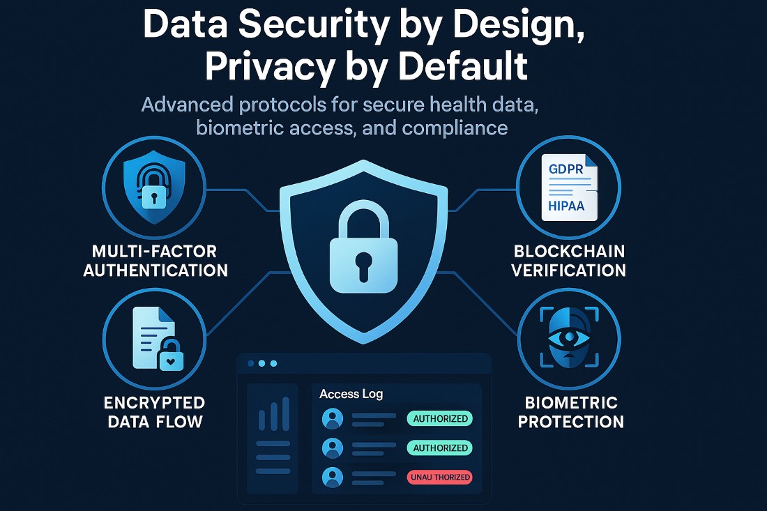 Infographic showing iofbodies.com applications for data privacy and security with icons for encryption, biometrics, blockchain, and compliance protocols.
