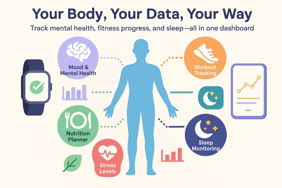 Infographic showing iofbodies.com applications for fitness and wellness with a central human figure surrounded by icons for mood tracking, workout, nutrition, sleep, air quality, and stress levels.