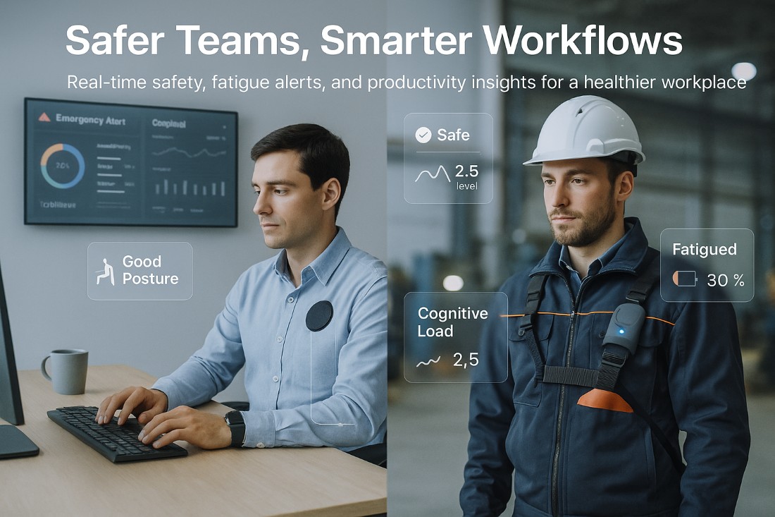 Realistic workplace scene with corporate and industrial employees using iofbodies.com applications to monitor fatigue, posture, and environmental safety in real time.