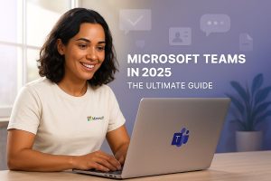 Smiling woman using Microsoft Teams on a laptop with collaboration icons in the background, illustrating teamwork and digital communication in 2025.