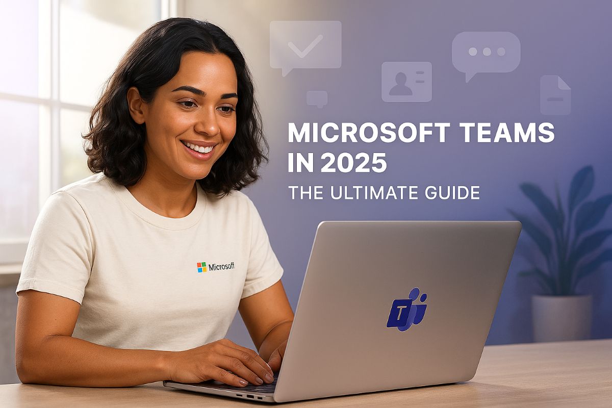 Smiling woman using Microsoft Teams on a laptop with collaboration icons in the background, illustrating teamwork and digital communication in 2025.