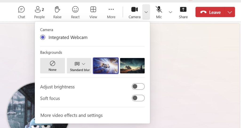 Camera settings in Microsoft Teams showing background options like blur and images, with toggles for brightness and soft focus