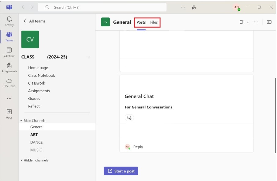 Microsoft Teams screenshot showing a channel view with the Posts and Files tabs, where team members can chat and collaborate on shared files.