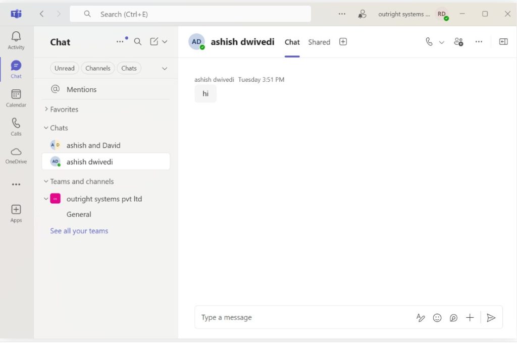 Microsoft Teams screenshot showing a private chat, left sidebar with chats and team channels