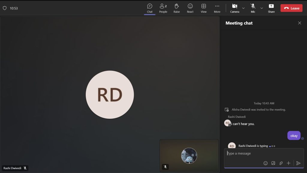 Microsoft Teams meeting screen showing participant icons, chat messages, and message input box during a virtual call