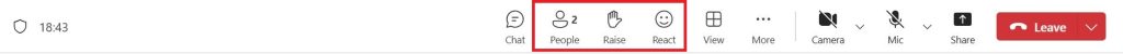 Microsoft Teams meeting toolbar showing chat, participants, raise hand, reactions, camera, mic, share screen, and leave options