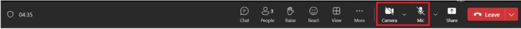 Microsoft Teams meeting toolbar showing camera and mic buttons in off state, along with chat, people, reactions, and leave meeting options