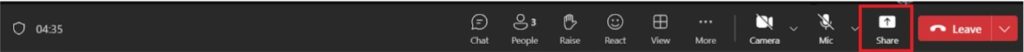 Microsoft Teams toolbar with Share button highlighted, next to camera, mic, and leave controls