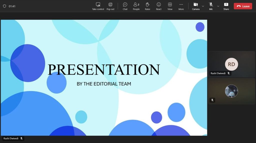 Microsoft Teams meeting screen showing a presentation with two participants visible on the right side