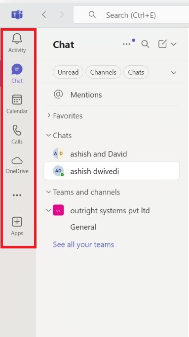 Microsoft Teams screenshot showing the Teams and Channels section in the left-hand navigation, including a team and its General channel.