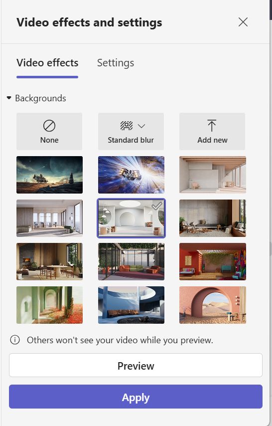 Microsoft Teams video effects settings showing virtual background options, standard blur, and a button to preview and apply changes