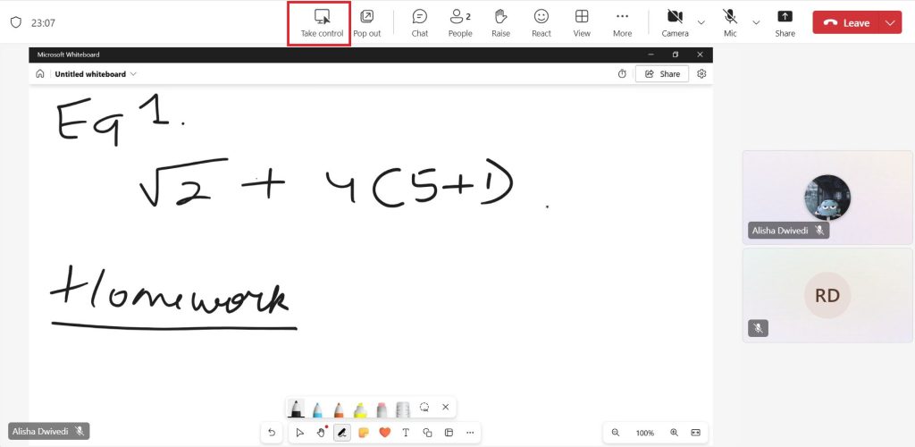 Screenshot showing a Microsoft Teams meeting where a whiteboard is shared and the 'Take control' button is visible for interactive collaboration.