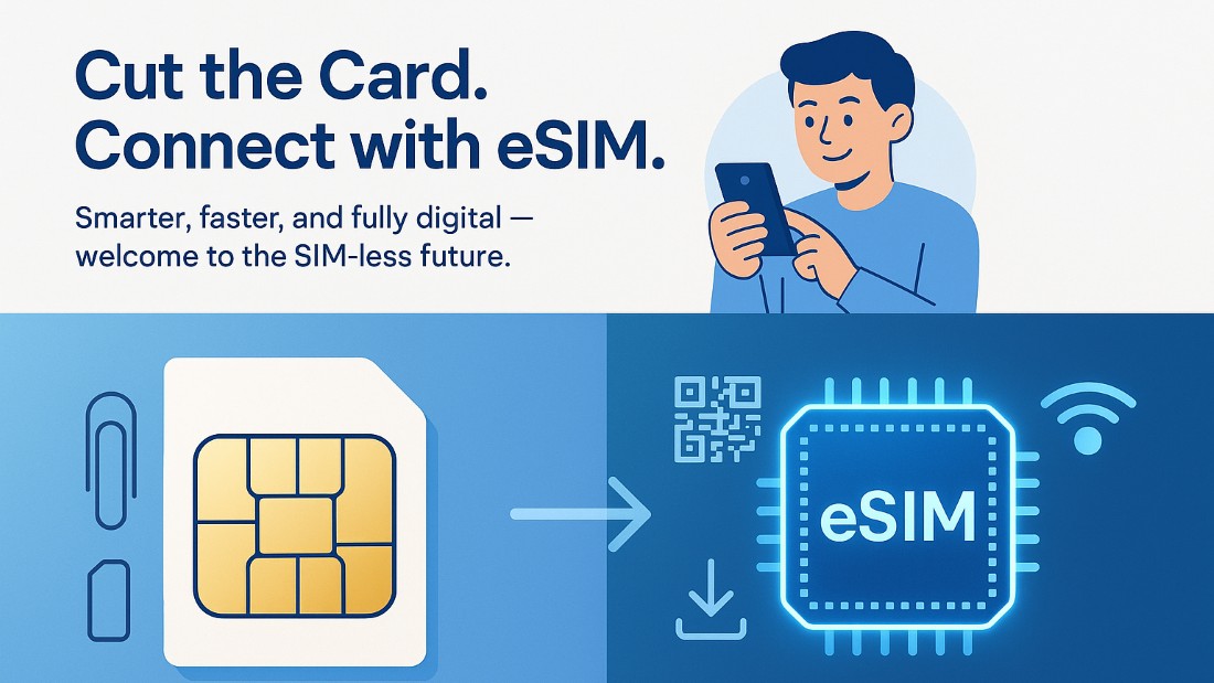 A satisfied user holding a smartphone with a glowing eSIM interface, symbolizing digital SIM technology and global wireless connectivity.