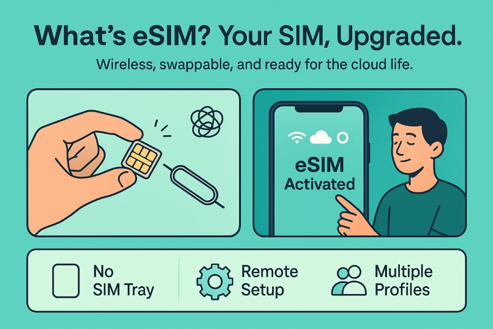 Infographic comparing traditional SIM cards with eSIM, highlighting ease of use, wireless setup, and key benefits like remote activation and multiple profiles.