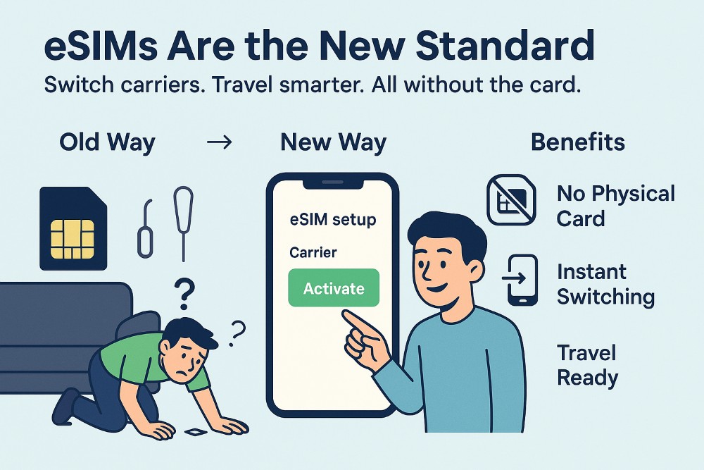 Infographic showing the evolution from traditional SIM cards to eSIM technology with clear visual comparison and benefits of using eSIM.