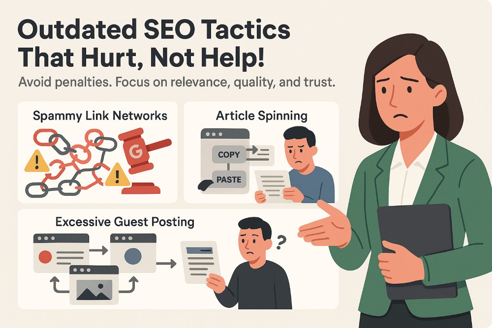 Infographic showing outdated SEO practices like spammy link networks, article spinning, and excessive guest posting with an SEO expert reacting negatively.