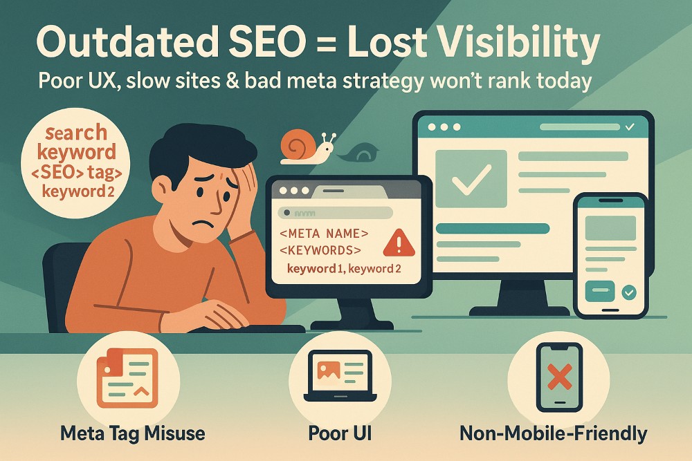 Illustration showing outdated SEO practices like keyword stuffing, poor UI design, and non-mobile-friendly layout with visual elements representing low performance and modern optimization contrast.