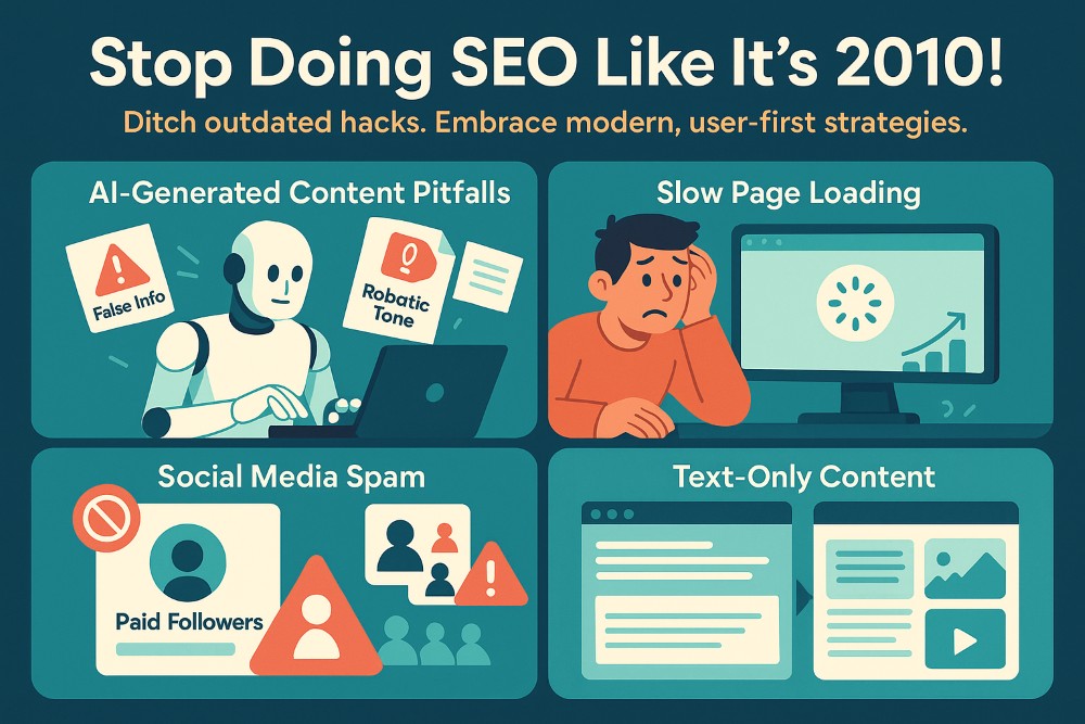 Infographic illustrating outdated SEO practices such as AI-generated content, slow page speed, fake social media engagement, and text-only webpages.

