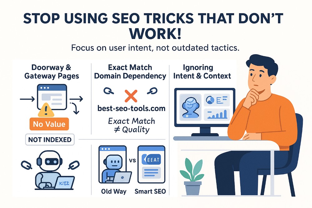 Infographic showing outdated SEO practices like doorway pages, exact match domains, and ignoring search intent, with visual icons and modern alternatives.