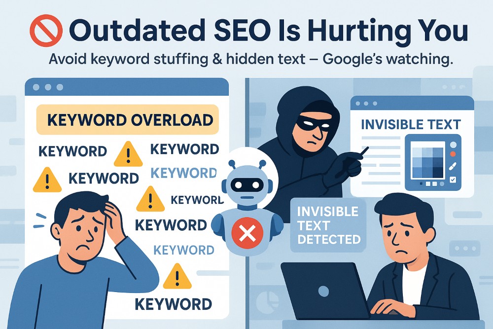 Infographic showing outdated SEO practices like keyword stuffing and hidden text, with visual elements of a frustrated user and a search engine bot flagging violations.