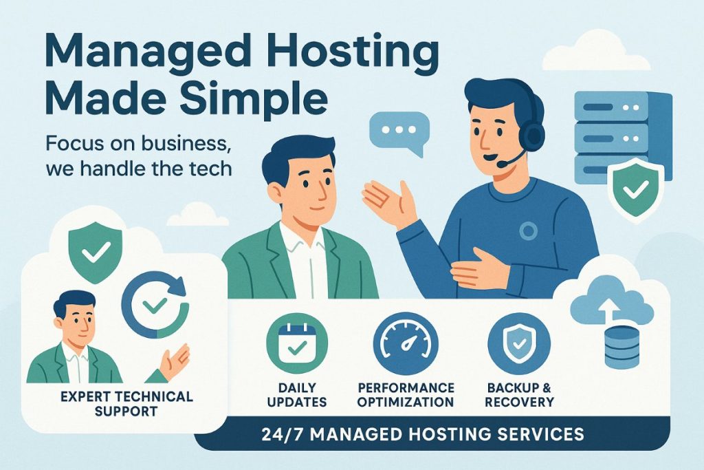 Infographic showing a managed hosting solution with expert support, daily updates, performance optimization, and data backup.